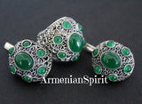 Dome jewelry silver SET Earrings Ring with green quartz stones