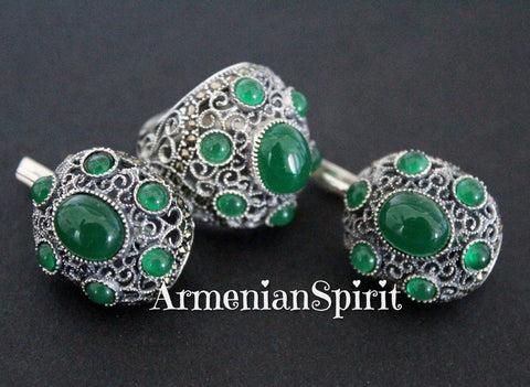 Dome jewelry silver SET Earrings Ring with green quartz stones