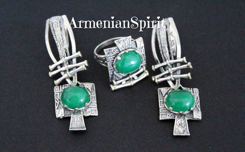 Green jade jewelry set Earrings long and ring Sterling silver 925 gold plated
