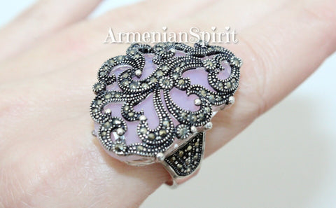 Pink lab quartz Ring lab topaz women SILVER 925 Marcasite