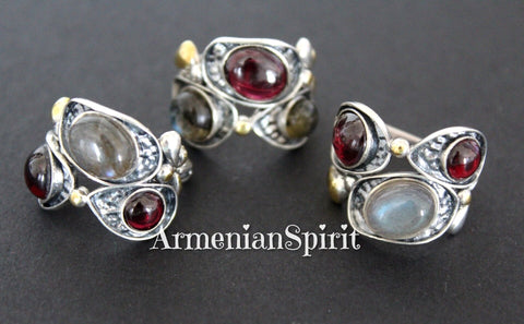 Earrings ring Natural garnet and  labradorite gray Silver 925 gold plated