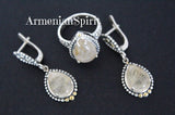 Earrings and ring Beige Venus hair gemstone Silver 925 gold plated