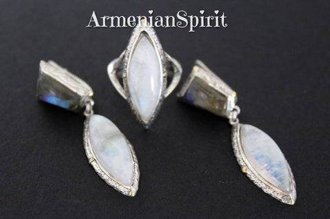 Moon stone and labradorite earrings and ring sterling silver 925