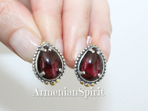 Earrings small drop Silver 925 natural garnet Armenian jewelry