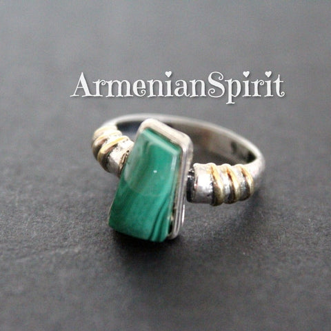 Silver 925 RING Green malachite gemstone Modern Gold plated
