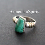 Armenian Silver 925 Earrings and ring Green malachite gemstone