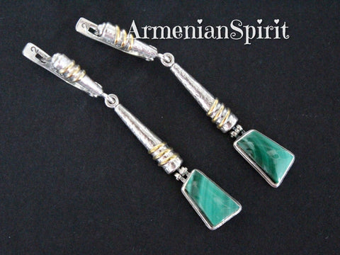 Silver 925 Earrings Green malachite gemstone Modern Gold plated