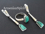 Armenian Silver 925 Earrings and ring Green malachite gemstone