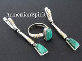 Armenian Silver 925 Earrings and ring Green malachite gemstone