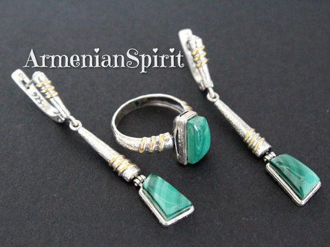 Armenian Silver 925 Earrings and ring Green malachite gemstone