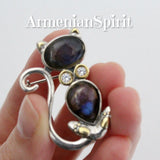 Cat brooch Sterling silver Labradorie blue gem and white zircons