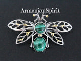 Butterfly brooch Sterling silver 925 gilded Malachite green gem