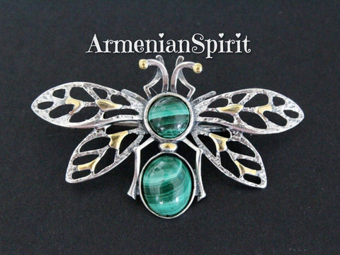 Butterfly brooch Sterling silver 925 gilded Malachite green gem