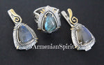 Earrings and ring Labradorite gemstone Silver 925 gold plated