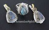 Earrings and ring Labradorite gemstone Silver 925 gold plated
