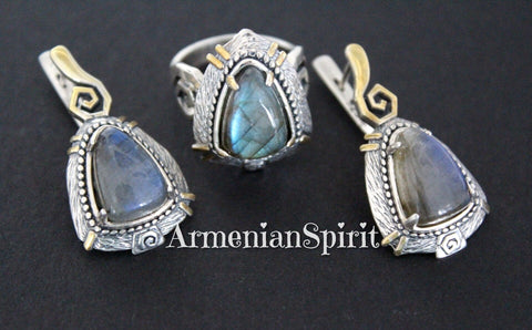 Earrings and ring Labradorite gemstone Silver 925 gold plated