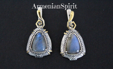Earrings Labradorite gemstone cabochon Silver 925 gold plated