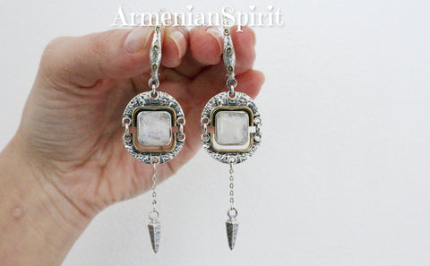 Moon stone white Long earrings sterling silver 925