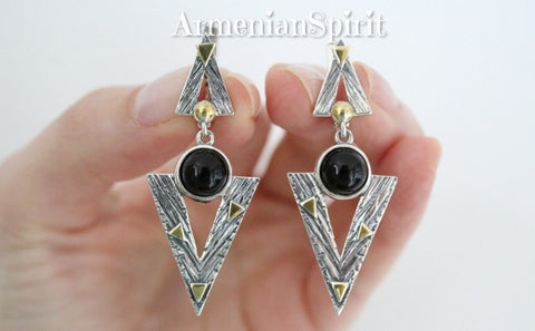 Earrings Sterling silver 925 gold plated Natural black onyx