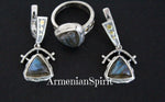 Set labradorite blue gem Silver gold plated jewelry Earrings and ring