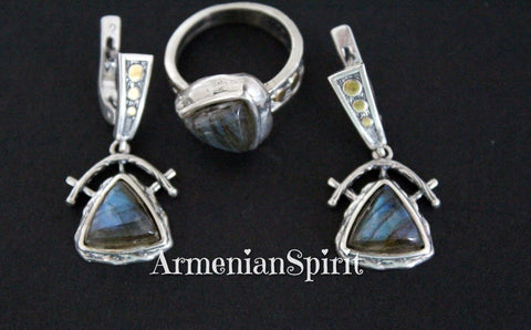 Set labradorite blue gem Silver gold plated jewelry Earrings and ring