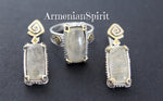 Earrings and ring Gray black Venus hair gemstone Silver 925 gold plated