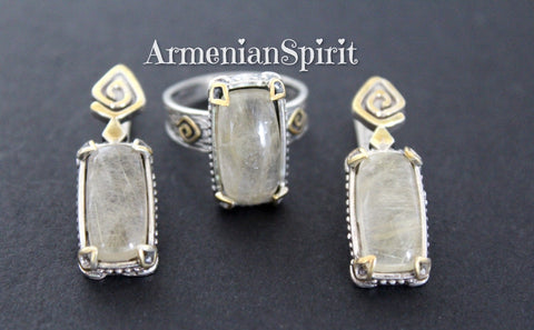 Earrings and ring Beige Venus hair gemstone beige Silver 925 gold plated