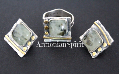 Earrings and ring Green prehnite Silver 925 gold plated