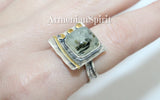 Ring Green prehnite small square Silver 925 gold plated
