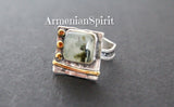 Ring Green prehnite small square Silver 925 gold plated