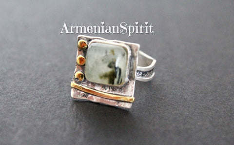 Ring Green prehnite small square Silver 925 gold plated