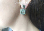 Earrings and ring Green prehnite square gemstone Silver 925 gold plated