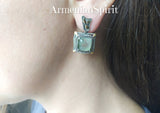Earrings and ring Green prehnite square gemstone Silver 925 gold plated