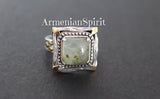 Ring Green prehnite square Silver 925 gold plated