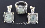 Earrings and ring Green prehnite square gemstone Silver 925 gold plated