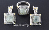 Earrings and ring Green prehnite square gemstone Silver 925 gold plated