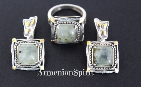 Earrings and ring Green prehnite square gemstone Silver 925 gold plated