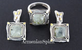 Armenian handmade jewelry set with ring and earrings featuring green prehnite gemstones on a dark background.