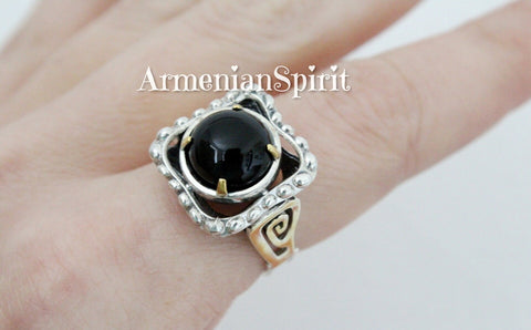 Ring Natural black onyx square gold plated SILVER 925