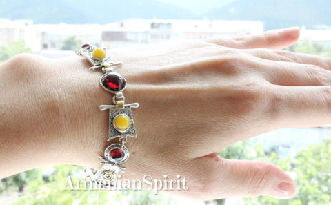 Bracelet Sterling silver 925 garnet jadeite gemstones gold plated parts