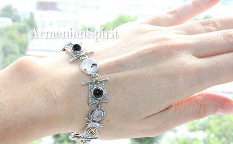 Bracelet Sterling silver 925 round black onyx and Venus hair gray quartz