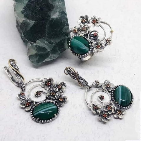 Earrings ring Green Malachite set sterling silver 925 red zircons