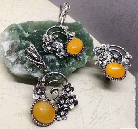 Earrings ring Yellow jadeite sterling silver 925 white zircons