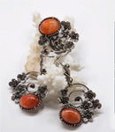 Earrings ring Green Malachite set sterling silver 925 red zircons
