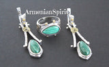 Malachite jewelry Set Earrings and ring High quality SILVER 925 gold plated