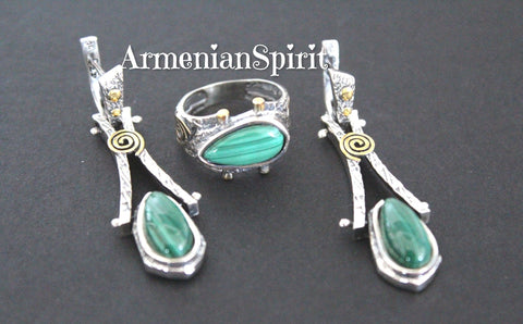 Malachite jewelry Set Earrings and ring High quality SILVER 925 gold plated