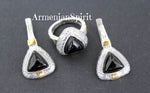Earrings and ring onyx black gemstone Silver 925 gold plated
