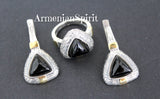 Earrings and ring onyx black gemstone Silver 925 gold plated