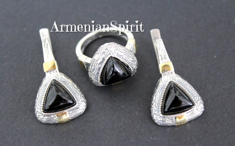 Earrings and ring onyx black gemstone Silver 925 gold plated