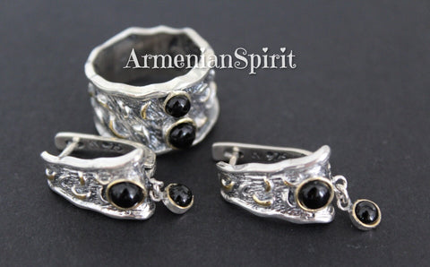Black onyx gemstone small dangle earrings and ring SET Silver 925 gold plated